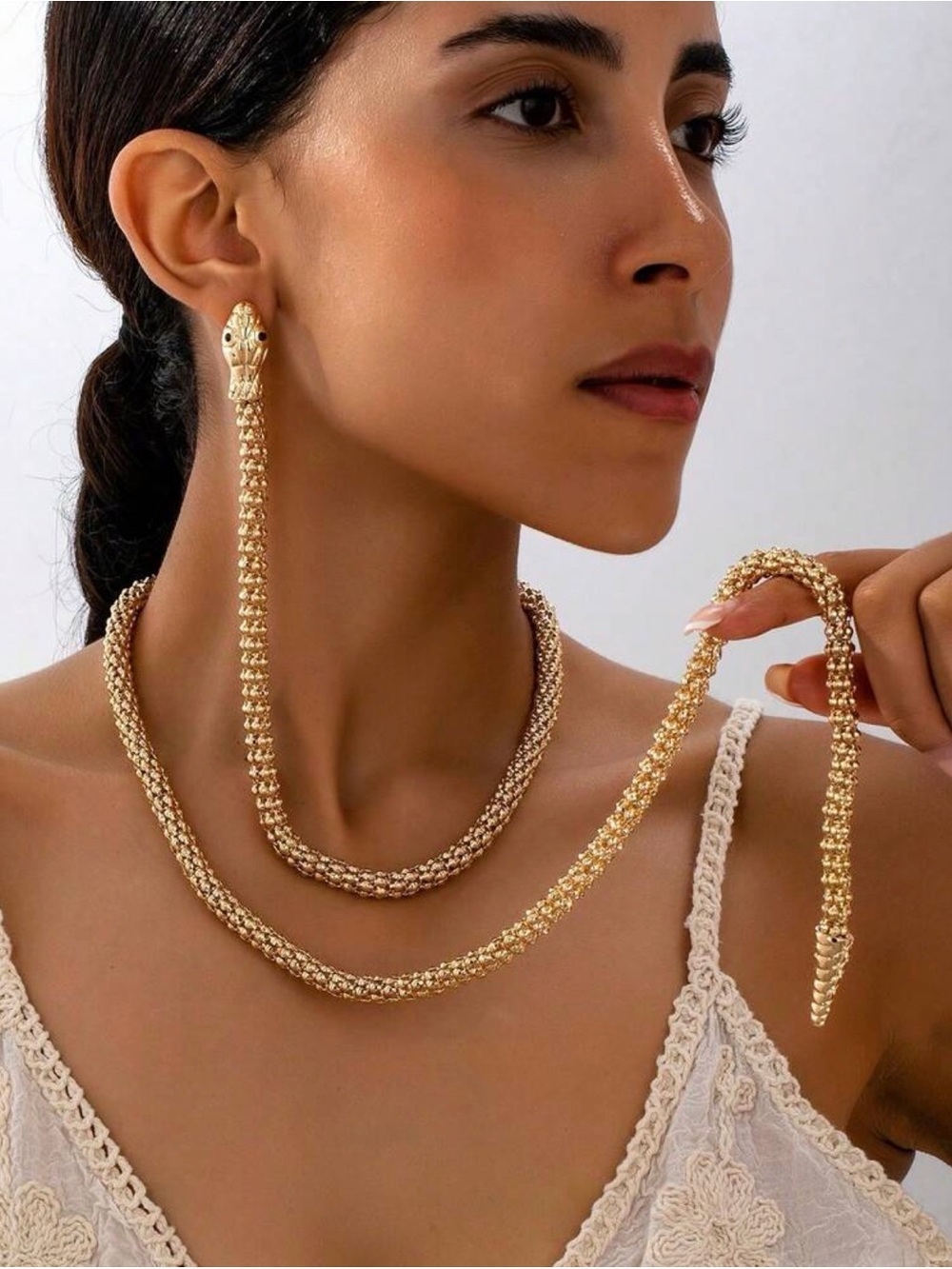 Gold Snake Motif Necklace and Long Drop Earrings Set